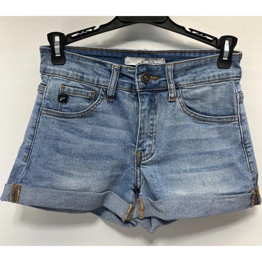 KanCan Mid Rise Cuffed Jean Shorts Size 1 /24 Blue Denim Stretch Light Wash